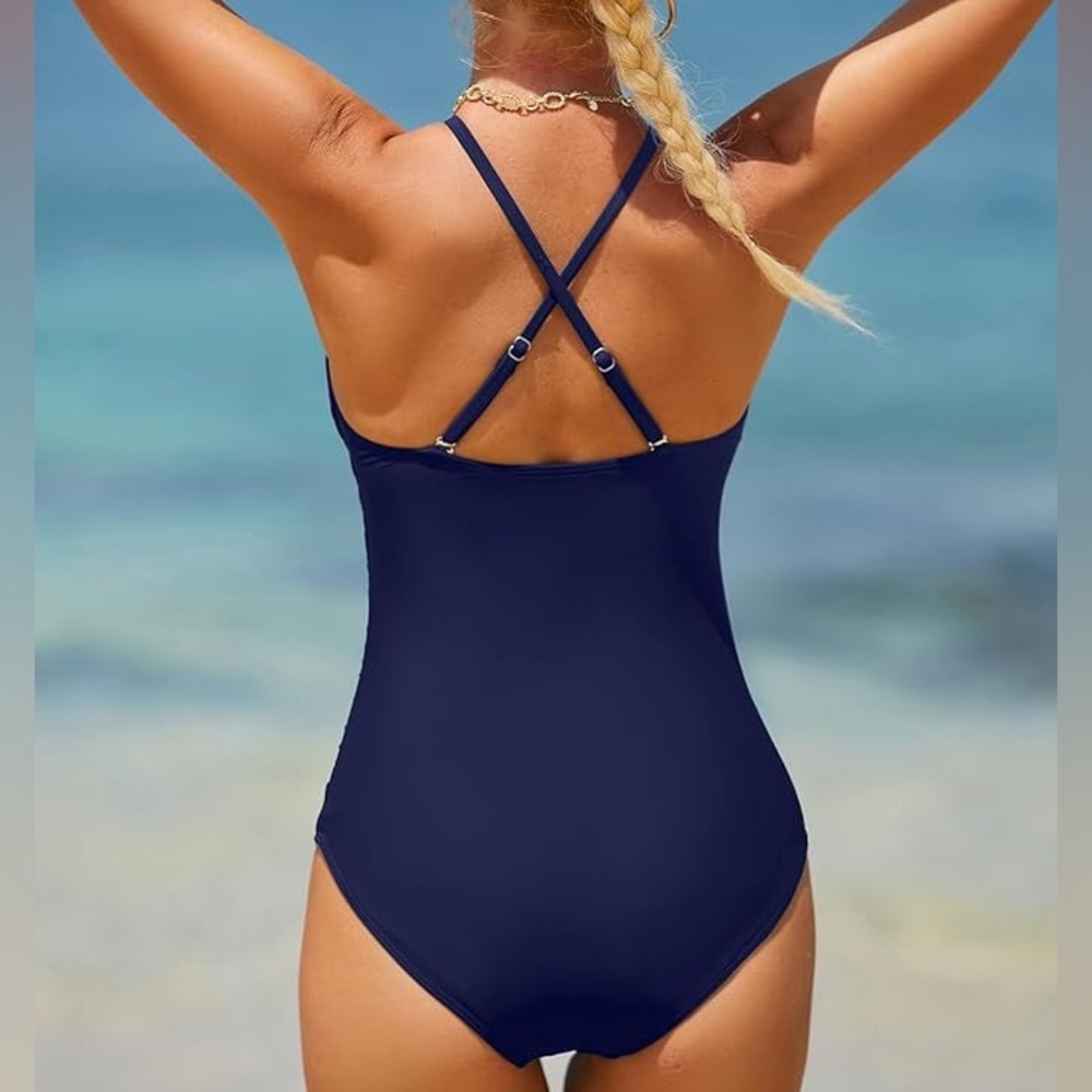 NWT Women’s Holipick High Neck 1-Piece Tummy Control Cross Back Swimsuit Navy M - Picture 2 of 9